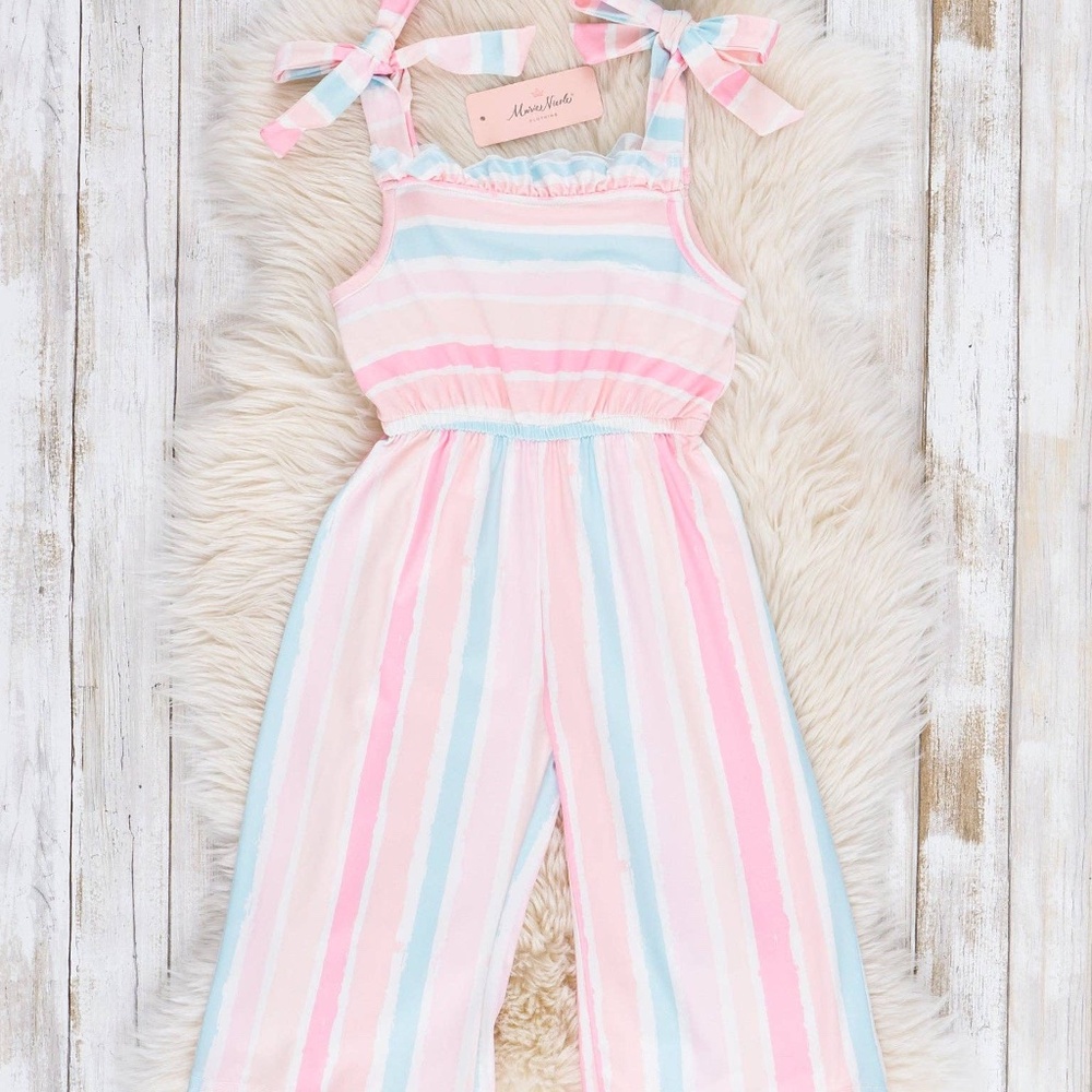 Little Girls Coral & Blue Striped Jumpsuit